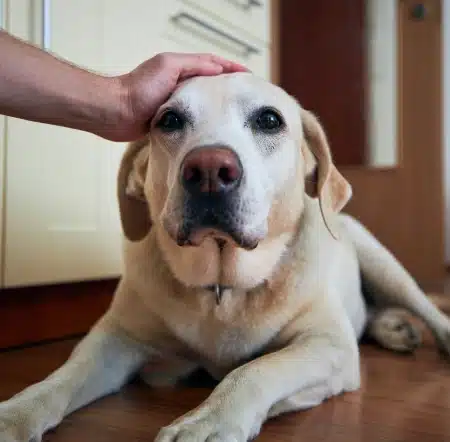 Person gently petting a senior yellow Labrador lying on a wood floor, representing urgent pet care services